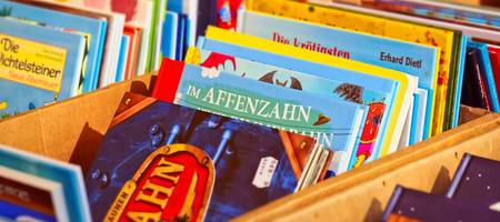 Auswahl an Bilderbüchern in einer Bücherkiste